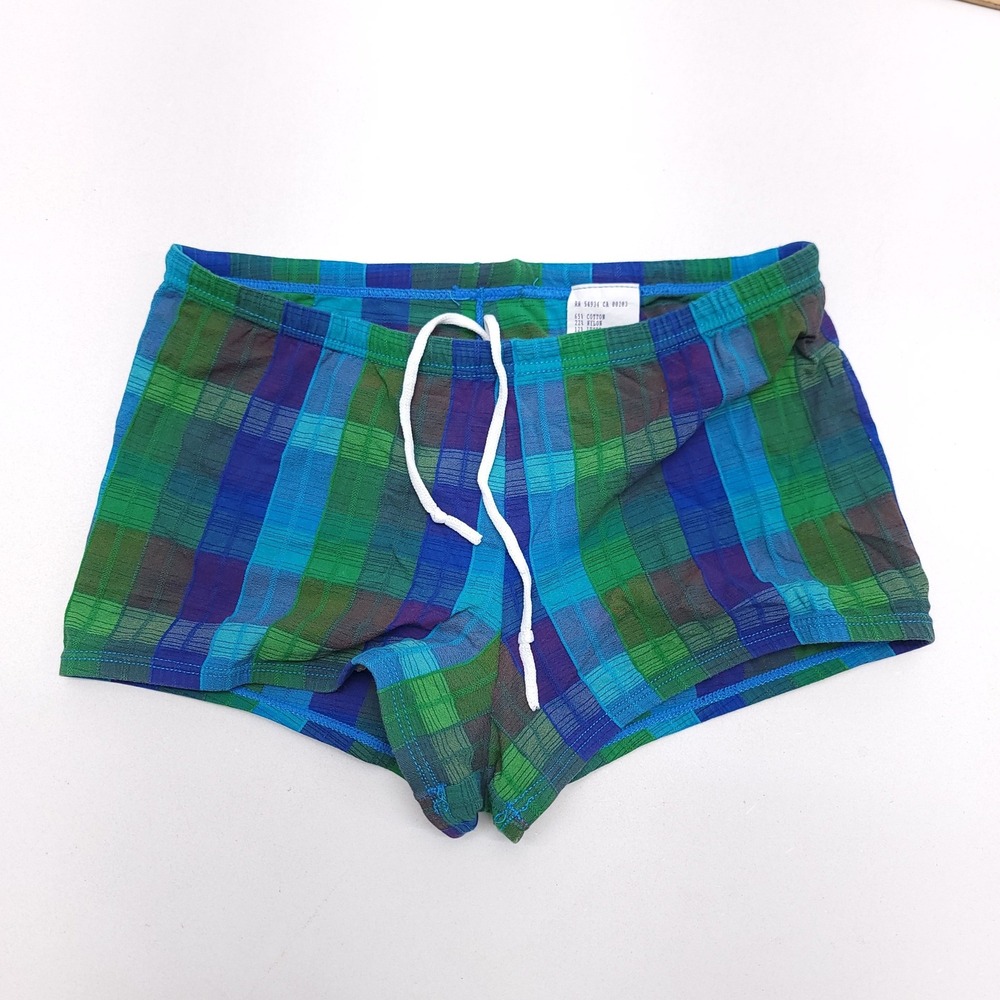 Vintage Plaid Swim Trunks Mens Small Blue Green Purple Made in USA Drawstring